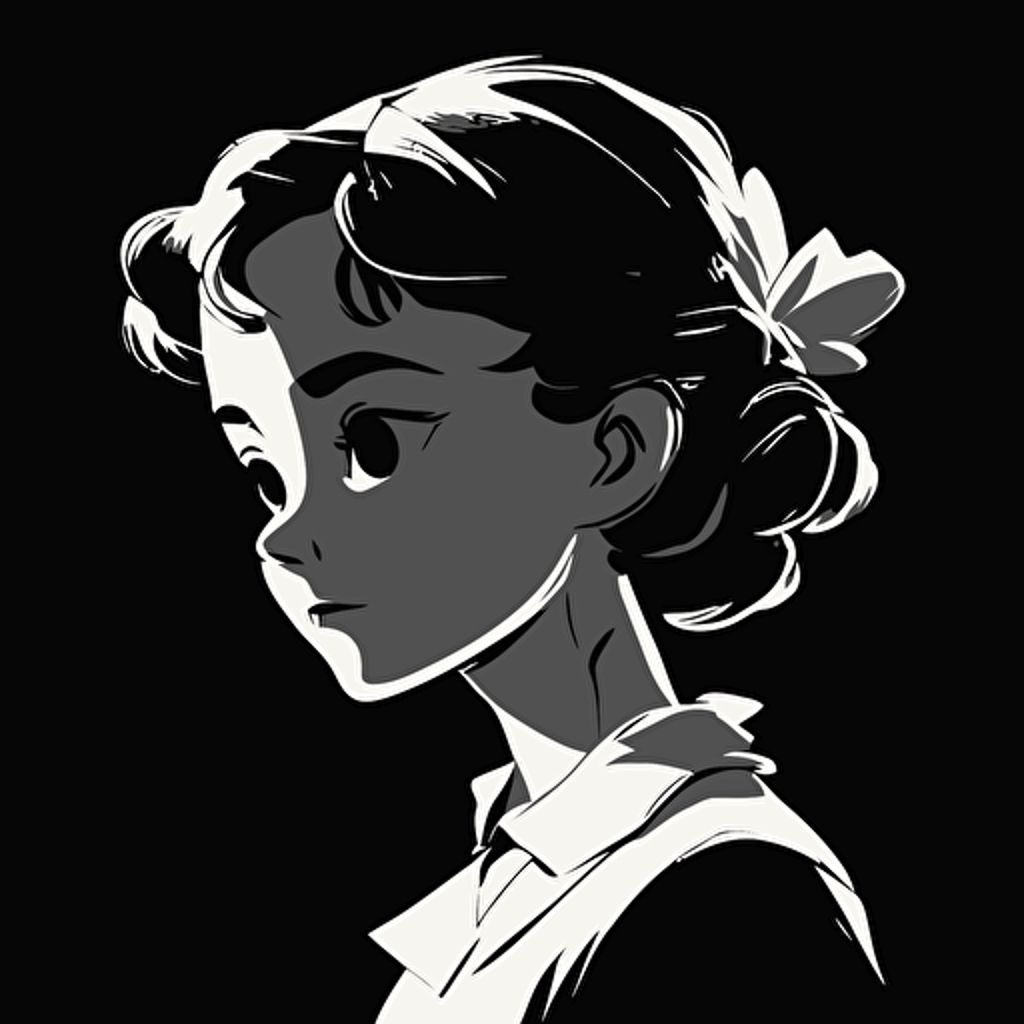 2d vector, anime, studio ghibli, 1930s disney, portriat. Black & white