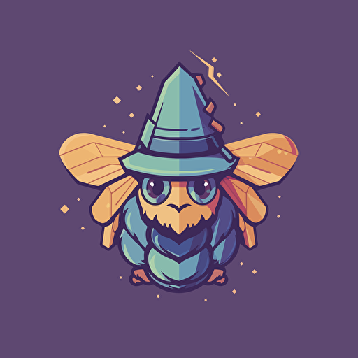 logo design, flat 2d vector logo of a bee in a pointed wizard hat, muted purple and blue colors, 80s, harry-potter-inspired