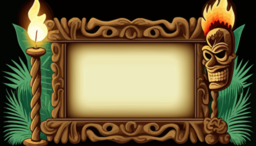 horizontal rectangular tiki frame with blank sign and a tiki torch on either side with transparent background in vector format