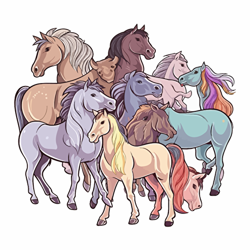 horses, Sticker, Adorable, Soft Color, mural art style, Contour, Vector, White Background, Detailed