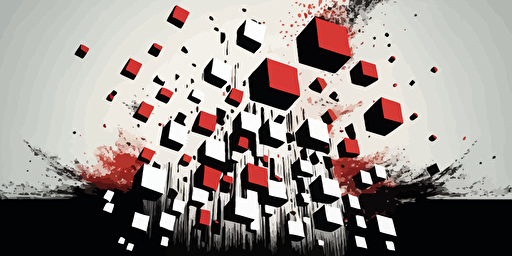 minimalist, vectorized, red white and black colors, print layer , delicacy, elegant, 11 small glass cubes flying in the sky