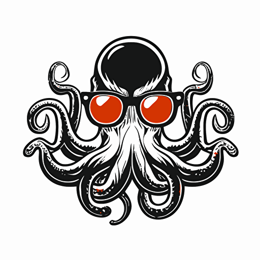 Retro futuristic iconic logo of octopus corporate exorcist, sunglasses, black vector, on white background