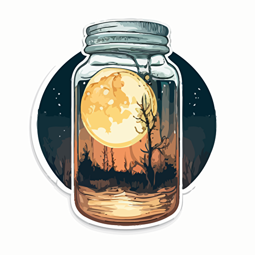 Mason jar with water under a full moon, Sticker, Adorable, Warm Colors, Retro, Contour, Vector, White Background, Detailed