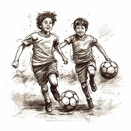 Vector illustration black ink drawing of two handsome, happy 9 years old boys playing soccer with white background