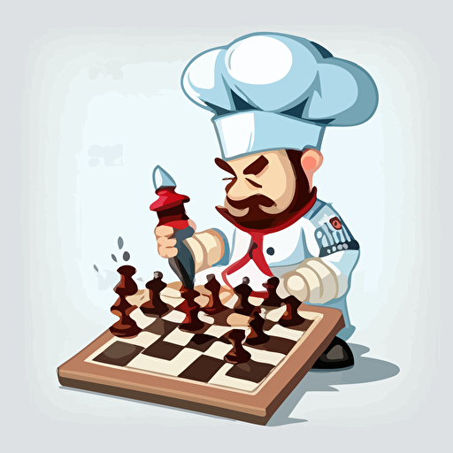 chef playing chess on a chess board, vector mascot, white background