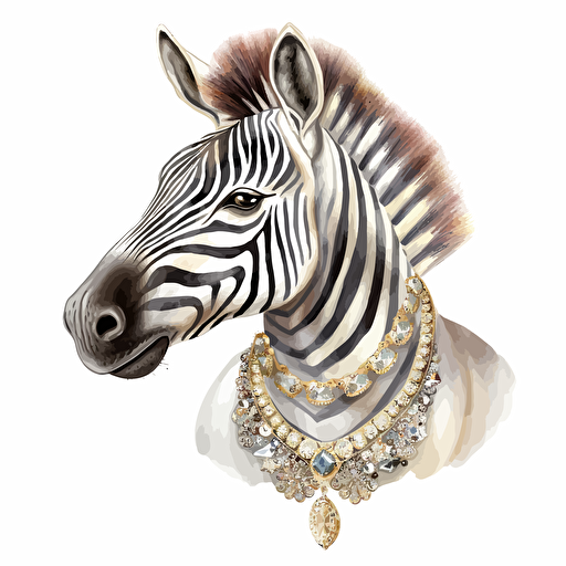 zebra, jewelry, detailed, cartoon style, 2d watercolor clipart vector, creative and imaginative, hd, white background