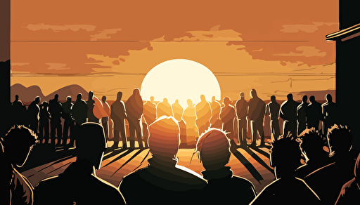 Vector Art, WIDE ANGLE shot perspective. The Sun is starting to set on a warm summer day. a SMALL GROUP of modern day Christians of all ages, who've gathered casually to pray as the sun goes down, They are attired for the summer. They are huddled together, praying with heads bowed and holding each other's hands facing the beautiful sun as it begins to set on the distant horizon. Soft, richly colored image