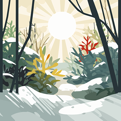 the sun shining down melting snow off of the trees and plants in a garden. Vector illustration