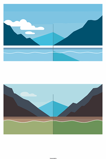 Create an vector minimalist illustration depicting a river with a water dam in the middle, seperates it into two section. The upstream section is surrounded by mountains, The downstream section is straight and narrow with riverbank, surrounded by buildings.