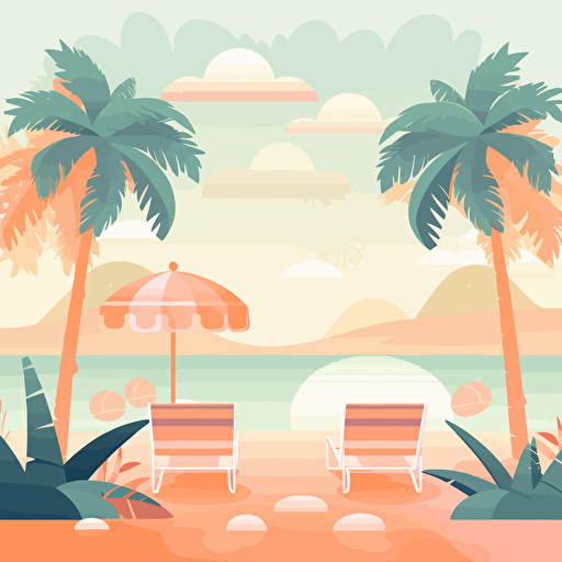 Background image, summer beach, beach takes up most of the bottom of the scene, pastel colour illustration, flat vector, sunbed, palm trees, bright, bbq 2:3