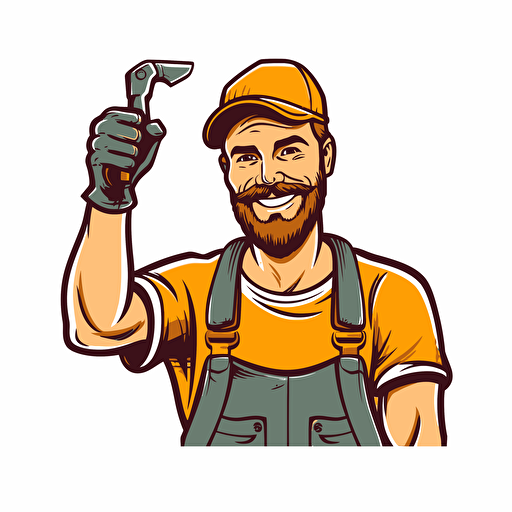 logo, handyman hand up with tool, simple, minimalist, vector, cartoon, white background, vibrant style, happy man