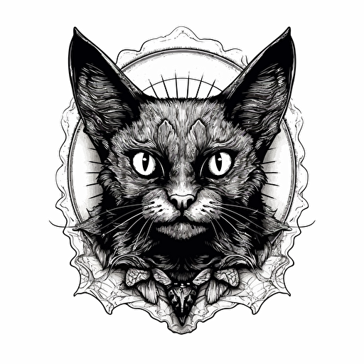 The Bat-cat' By Albert Joseph Pénot inspired illustration vector of horror cat, no color, no shading, black and white, white background