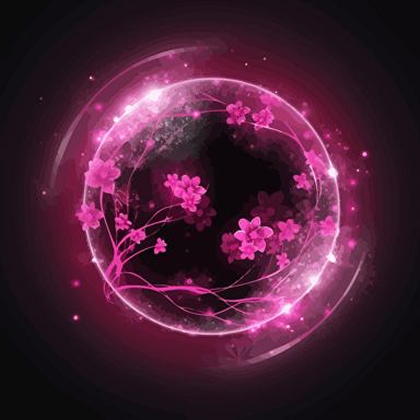 vector logo, pink full moon emitting very strong pink synchrotron radiation, clear details, Shaped with whirling cherry petals emblem, around luminous particles, black Background, goloden paintings on Sparkling silk style