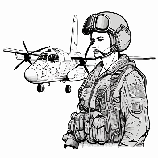c-130 loadmaster in flightsuit with fighter pilot helmet coloring page, vector