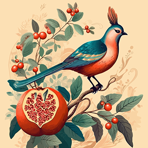 a bird on a pomegranate branch with fruits, vector style, by Namasri Niumim