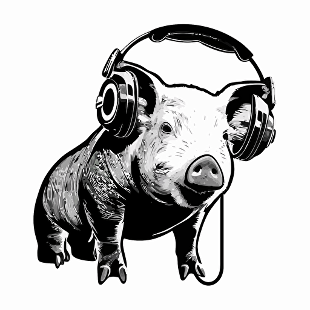 a logo of a pig for a dj, white background, black anb white, vector style, simple and plane image, focus in the face of the pig, using headphones in his ears, informal style