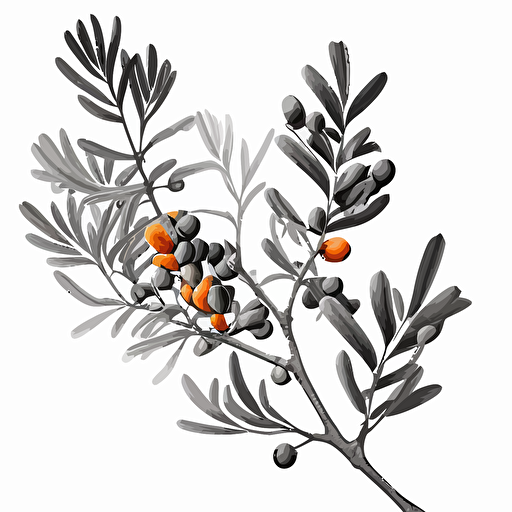 Hippophae, twig botanical drawing, vector, simple clean, 3 color, grayscale, white background