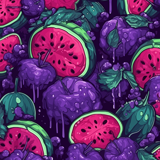Watermelon illustration, epic composition, 2d vector, purples, seamless pattern