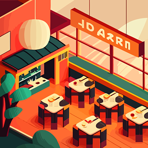 a cartoon vector illustrator of modern Japanese styled restaurant with bright colors, Roblox style