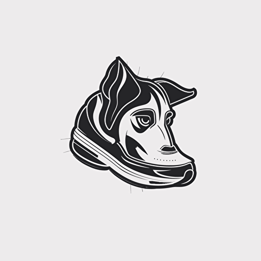 vector logo for a dog organization. Dog is wearing running shoes. Black, white, and grayscale.