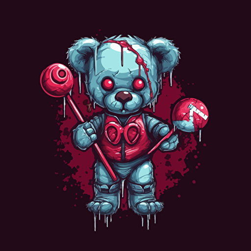 cyborg teddy bear holding a lollypop wrapped in a bow logo design, vector art