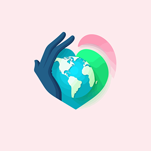Abstract minimalistic sliced vector logo of a hand cupping a heart shaped earth, blue, green and pink