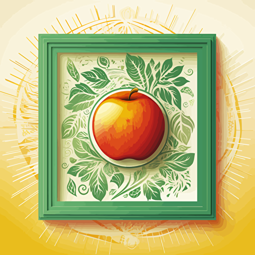 open apple illustration with framed botanical ornaments simplified illustration with a shinning sun using the illustrator illustration styles, vectorized, moder pantone colorful pallet