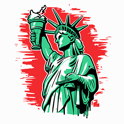 Illustration outline vector style of the Statue of Liberty holding a 7 Eleven Slurpee cup instead of a torch. Use the 7E colors green, red and orange color