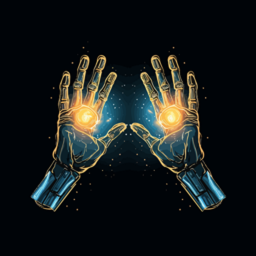 logo, simple, vector, two hands touching index fingers, one hand is robotic futuristic, another is human hand. they touch and there is a flash of light