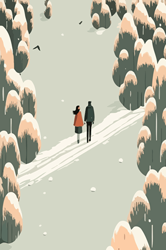 a couple walking into a snow forest, bird's eye view, minimalist, vector art