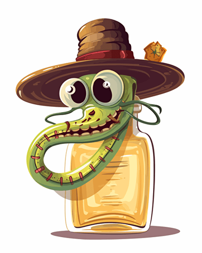 vector illustration worm wearing a sombrero inside a tequila bottle, no background, cartoon style