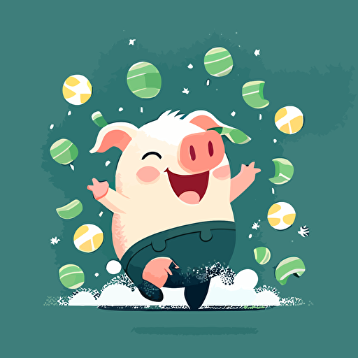 a vector image of a cute Aussie piggy bank dancing and laughing with money floating around him