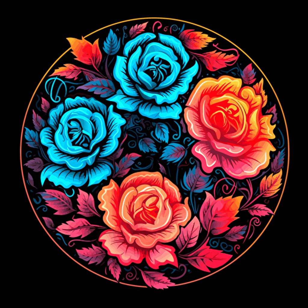 roses, surrounded by leaf motifs in a circluar shape, 2d vector, neon colors, vector design on the edges of the image