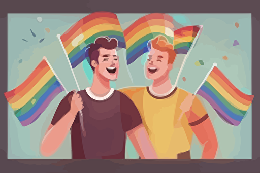 two happy gays with lgbt flags on gay parade, flat vector grphic 2d