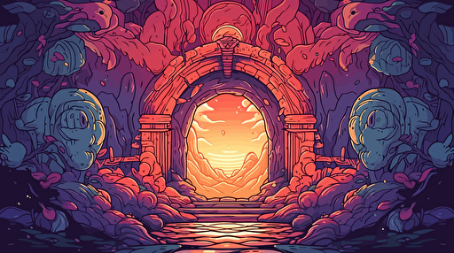 Cozy fantasy illustration. Two large curved portal doorways touching at angle, situated in the middle of the frame, with both doorways leading to other worlds. The left door opening to a town with creatures. The right opening to colorful wildlands, with leaves blowing through the doorway. Vector illustration. 2D hand drawn cartoon animation style with bright colors.