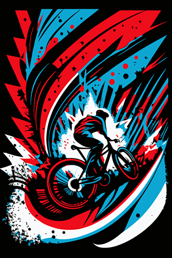 abstract mountain bike, blue, red and white colors, pop art deco illustration, hand vector art, black background,
