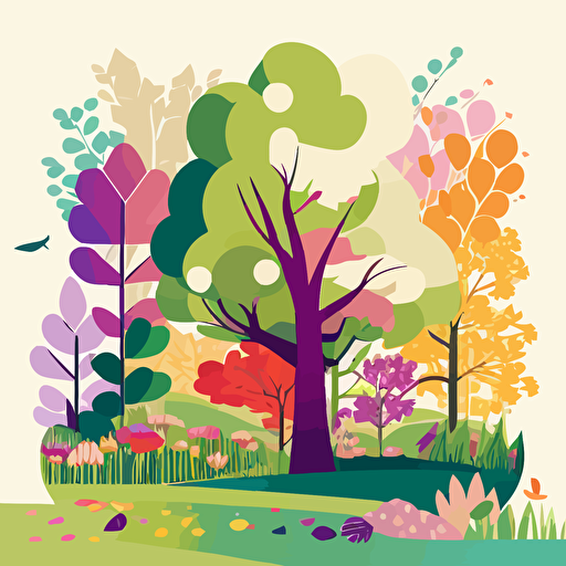 flat vector of spring scene with block colours. Bright with a light background