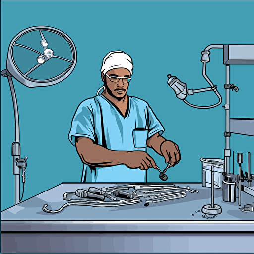 surgeon performing laparoscopic surgery holding laparosopic instruments in front of operating table, very simple, vector art