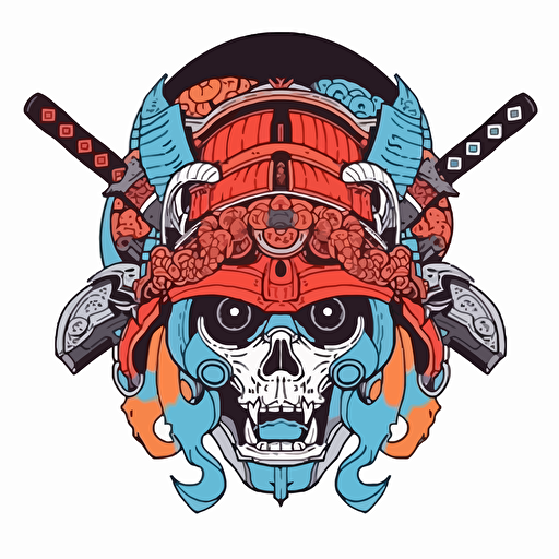 /relaxed Vector 2d creative design samurai helmet fierce style of Japanese anime art comic with great detail and incredible artistic perception of a kabuto, Alphonse Mucha detailing and style edge. circle with a white background, edge frame has amazing design detail with blue white red vivid contrast flying disc frisbee ethereal