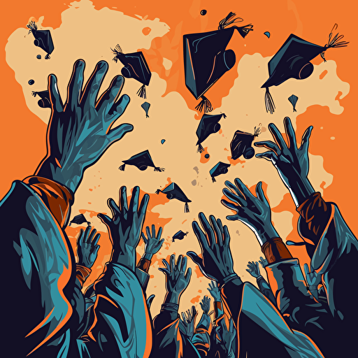 a vector image of black hands tossing graduation caps into the sky, blue and orange and dark gray, graffiti style