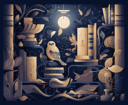 the book store afeebee psd, css, vector, odobe illustrator, png, in the style of free-flowing surrealism, light navy and gold, accurate bird specimens, atmospheric mood, canon af35m, colorful woodcarvings, flat form