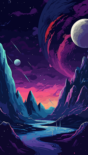 a 2d vector art, limited color palette, modern style illustration, galaxy space scene