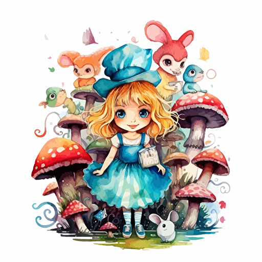 cute alice in wonderland for kids, watercolor, vector