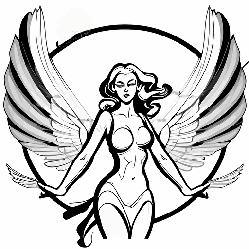 A female angel on white background, symmetrical, flying, fantasy, illustration art, vector drawing, cutout, black and white, in the style of archer cartoons.