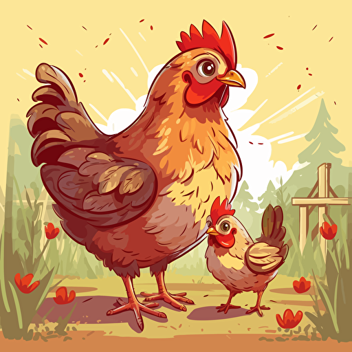 cute hen with a chick on the farm, cartoon, vector style