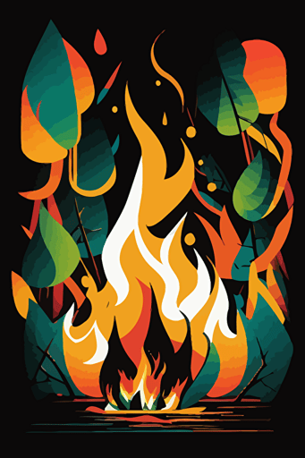 abstract campfire, simple shapes, vivid colors, pop art deco illustration, hand vector art, black background,