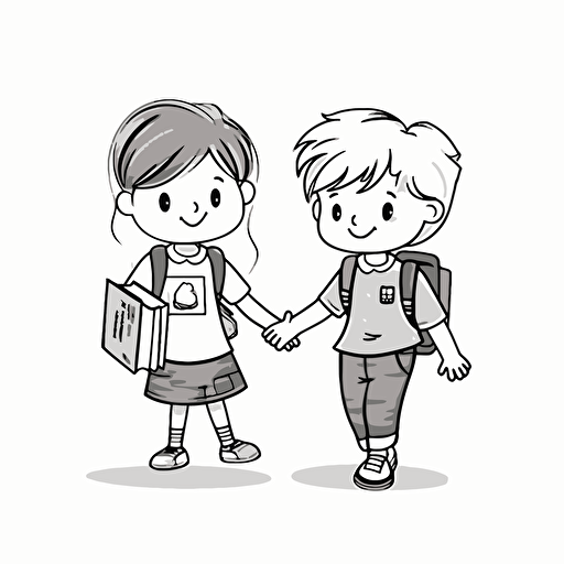 black on white vector of cute boy and girl 4 years of age holding hands with school books