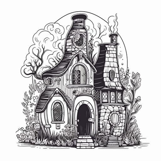 tall whimsical black and white medieval hobbit house, in flat 2d vector style, no perspective 4d91006c-2d9f-4a11-be13-7dac0aa6d6a6