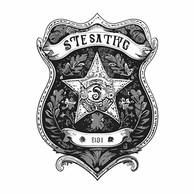 Illustration vector design, Embroidered antique Sheriff Badge, black and white, clean details, cartoon art style, isolated on white background, golden ratio