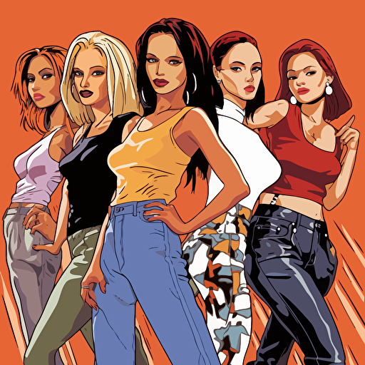 the Spice Girls in 1997, cartoon style, vector, v5